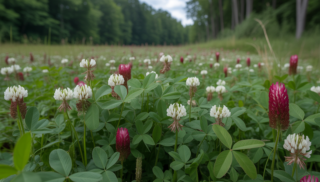 A lush deer food plot with white and crimson clover in a forest setting, showcasing biodiversity.