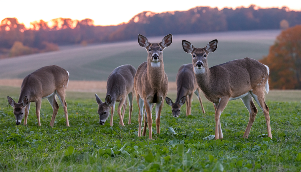 Whitetail deer grazing on a fall food plot with brassicas and clover, under a sunset with hills in the background.