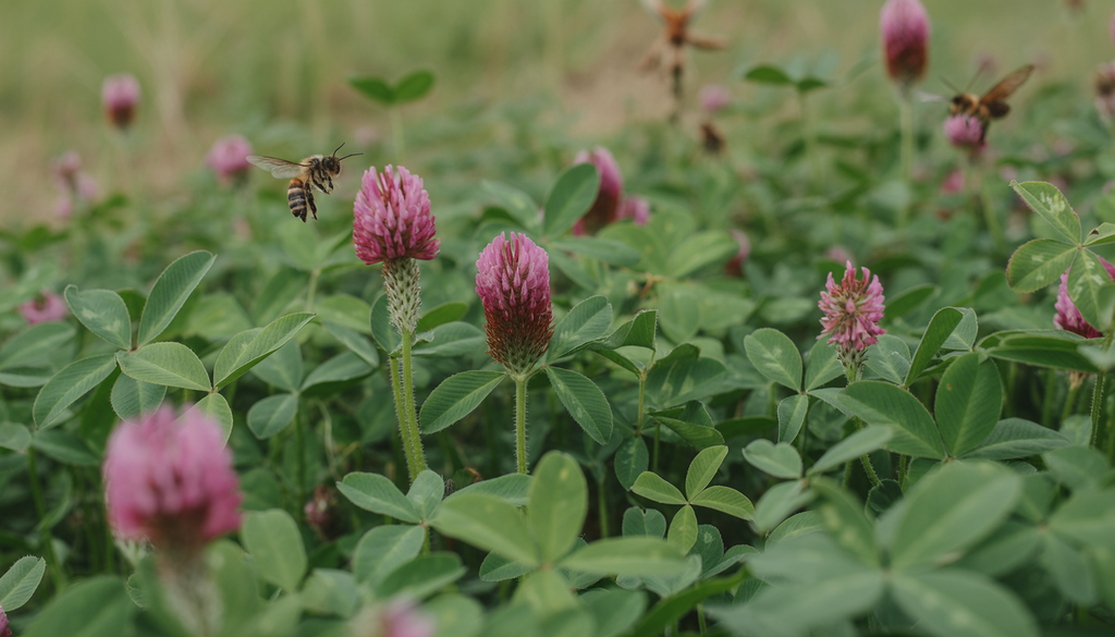 Close-up of thriving clover plants with vibrant red flowers and pollinators in a deer food plot.
